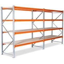 Lagerreol 2 fag. H2000 x L3800 x D800 mm. Med spånpladehylder. El-galvaniseret + RAL2004 - Pallereoler