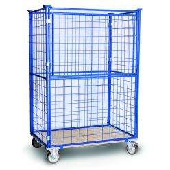 Gitterramme H1200 mm med hjul. Låge på langsiden. Blå - Lagerinventar