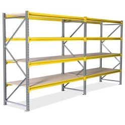 Lagerreol 2 fag. H2000 x L3800 x D600 mm. Med spånpladehylder. Stiger RAL7035 Light grey + Bjælker RAL1021 Rap yellow - Lagerreol 60 cm dyb