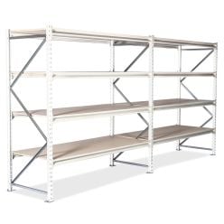 Lagerreol 2 fag. H2000 x L3800 x D600 mm. Med spånpladehylder. Stiger RAL9010 + Bjælker RAL9010 - Lagerreol 60 cm dyb