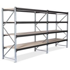 Lagerreol 2 fag. H2000 x L3800 x D600 mm. Med spånpladehylder. Stiger Galvaniseret + Bjælker RAL7016 Anthracite grey - Lagerreoler