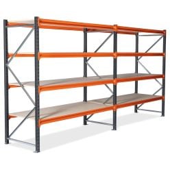 Lagerreol 2 fag. H2000 x L3800 x D800 mm. Med spånpladehylder. Stiger RAL7016 Anthracite grey + Bjælker RAL2004 Pure orange - Sammensæt selv