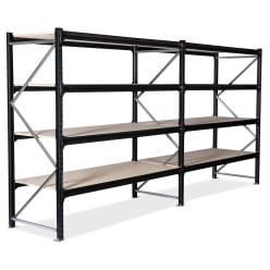 Lagerreol 2 fag. H2000 x L3800 x D600 mm. Med spånpladehylder. Stiger + RAL9005 Jet black + Bjælker RAL9005 Jet black - Lagerreol 60 cm dyb