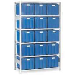 Reol med plastkasser og låg. 15 x 140106 / 150106. Blå plastkasser - Lagerreoler med plastkasser