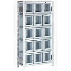 Reol med plastkasser. &Aring;ben front. 15 x 270120. Gr&aring; plastkasser - RESTSALG - 