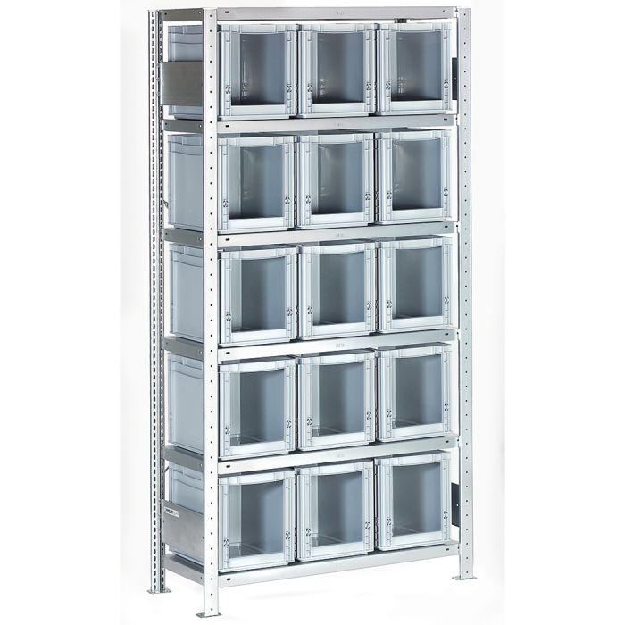 Reol med plastkasser. Åben front. 15 x 270120. Grå plastkasser - RESTSALG - 