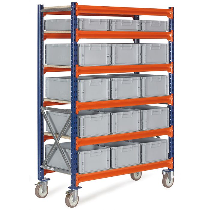 Lagerreol på hjul med 1/4 pallekasser - H2000 x L1450 x D0600 mm. 3 x 476412 + 12 x 476422 - 